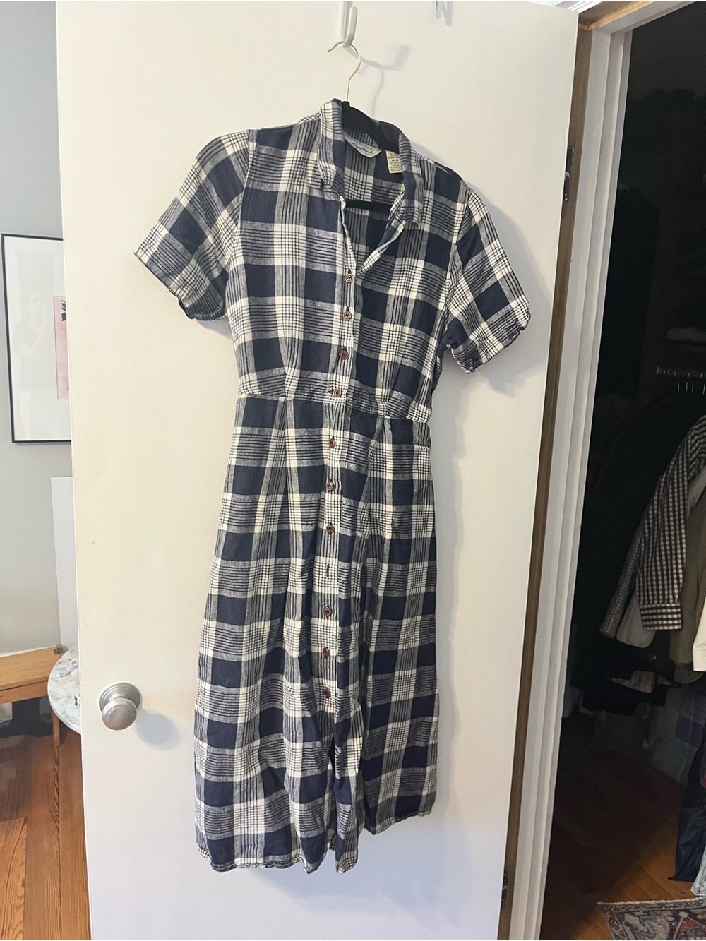 Eddie Bauer Navy and White Plaid Button-Front Midi Dress